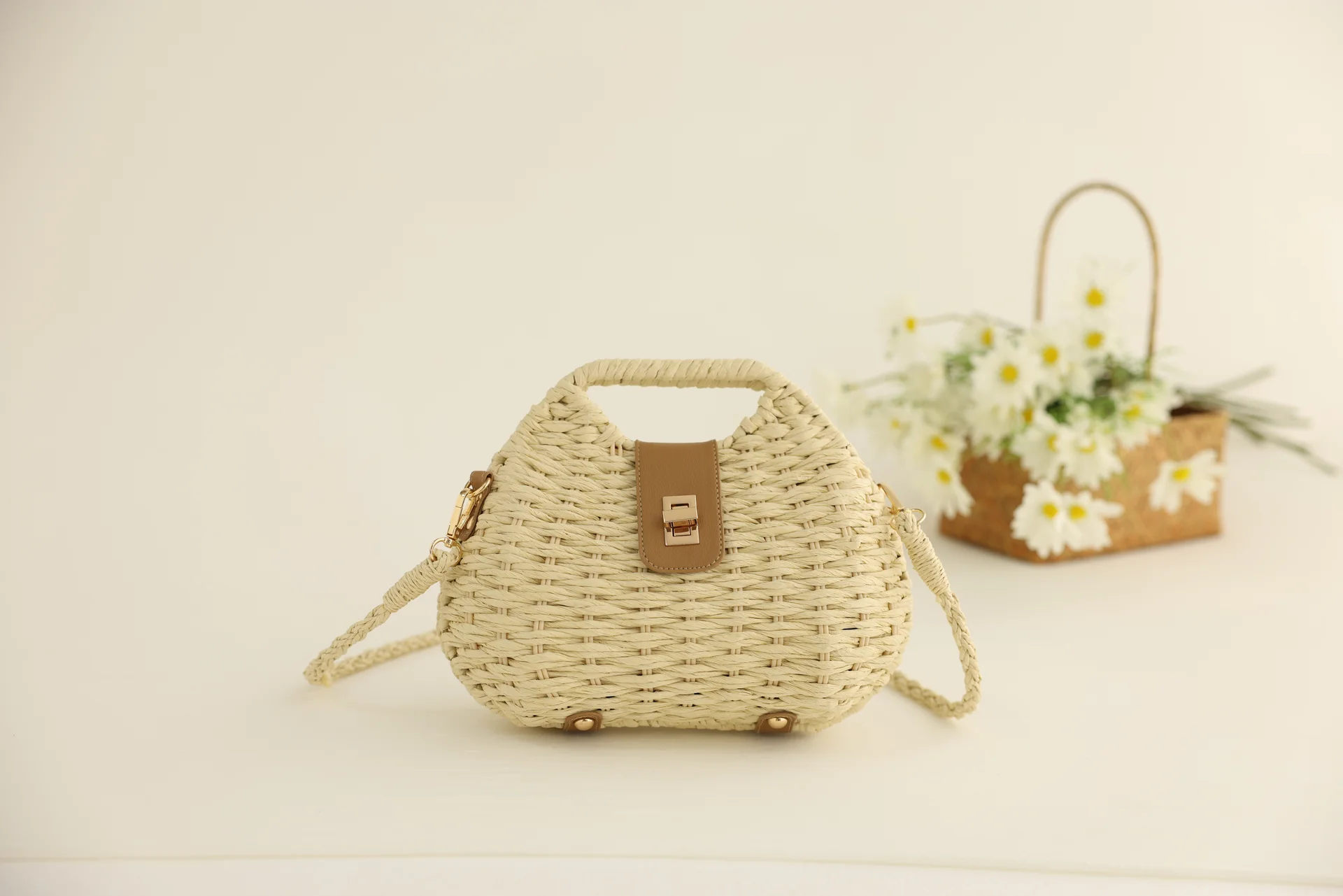 Woven Straw Crossbody Bag with Shell Crossbody Handbag Detail