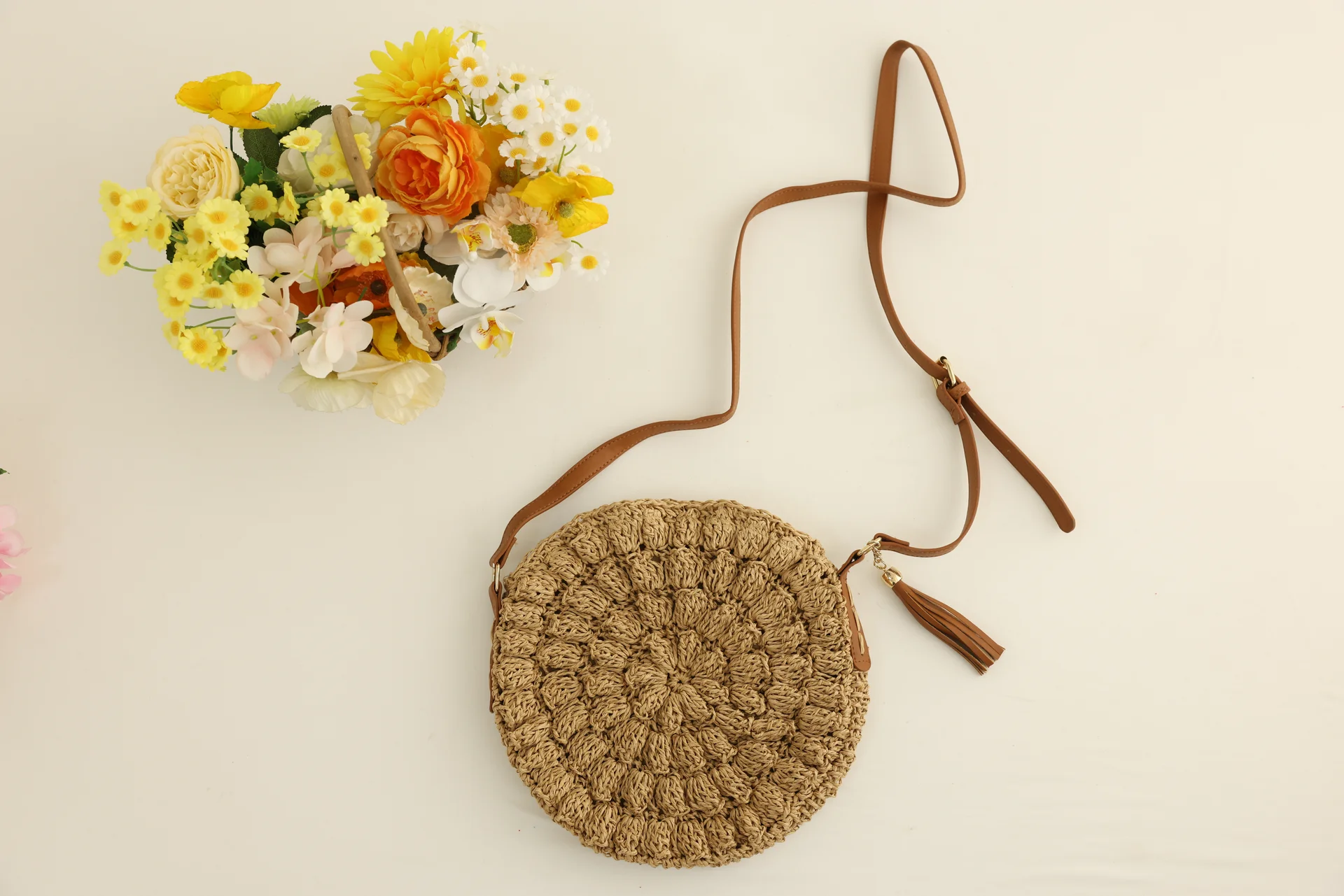 Woven Crossbody Bag with Crossbody Shoulder Mini Tassel Hollow-Out Detail