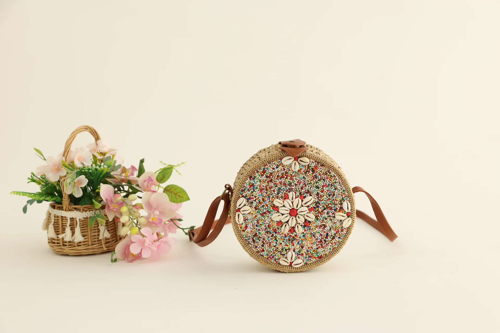 Woven Crossbody Bag with Round Crossbody Beaded Detail